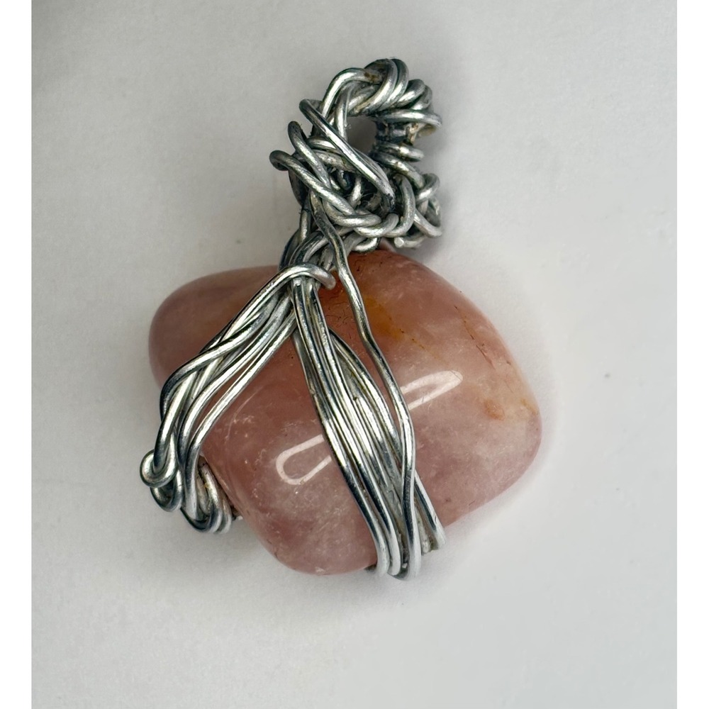 Pink Jadeite Wire Wrapped Stone Pendant Silver Tone Artisan Handcrafted Jewelry